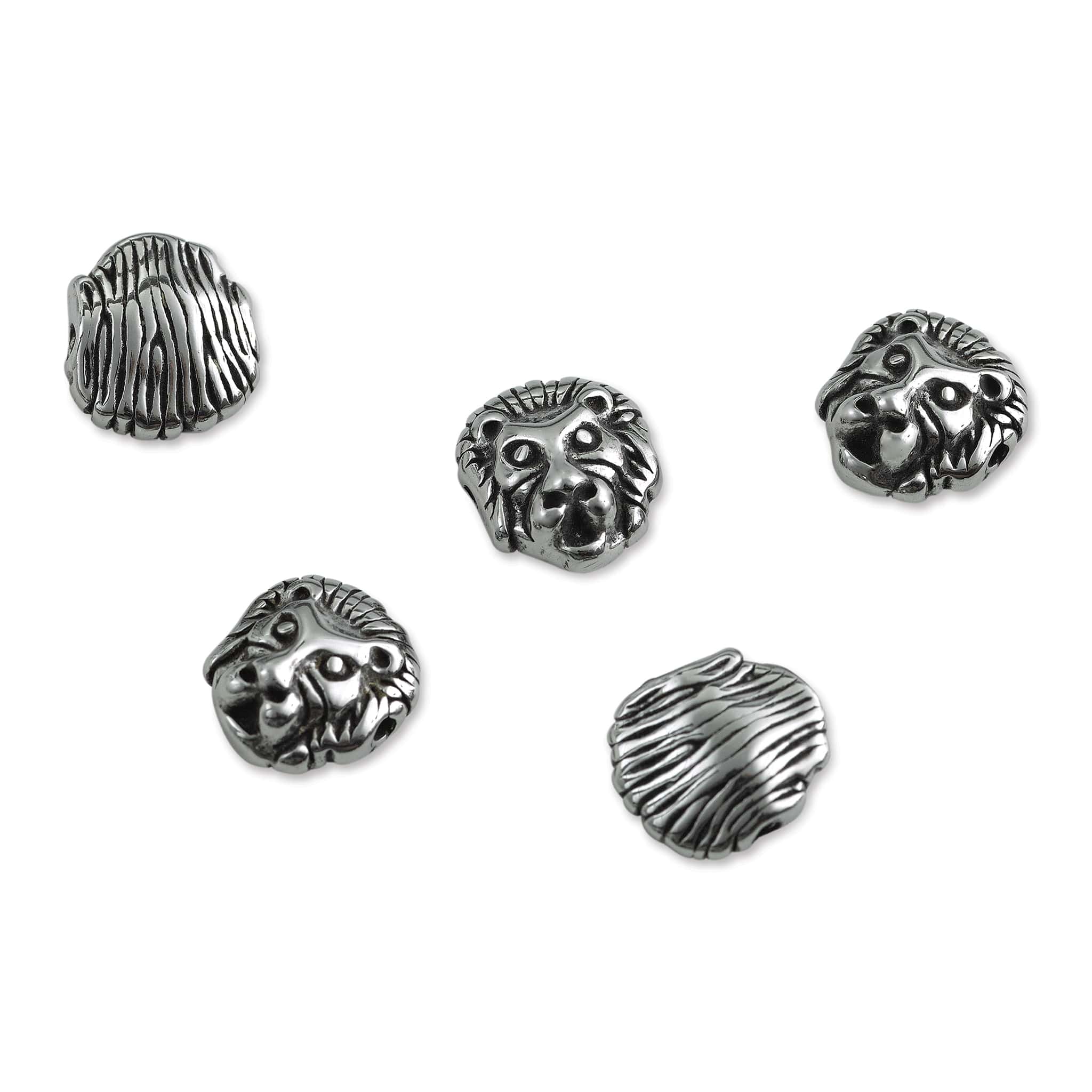 John Bead Antique Stainless Steel Beads - Lion Head 3, 11 x 12 mm, Pkg of 5