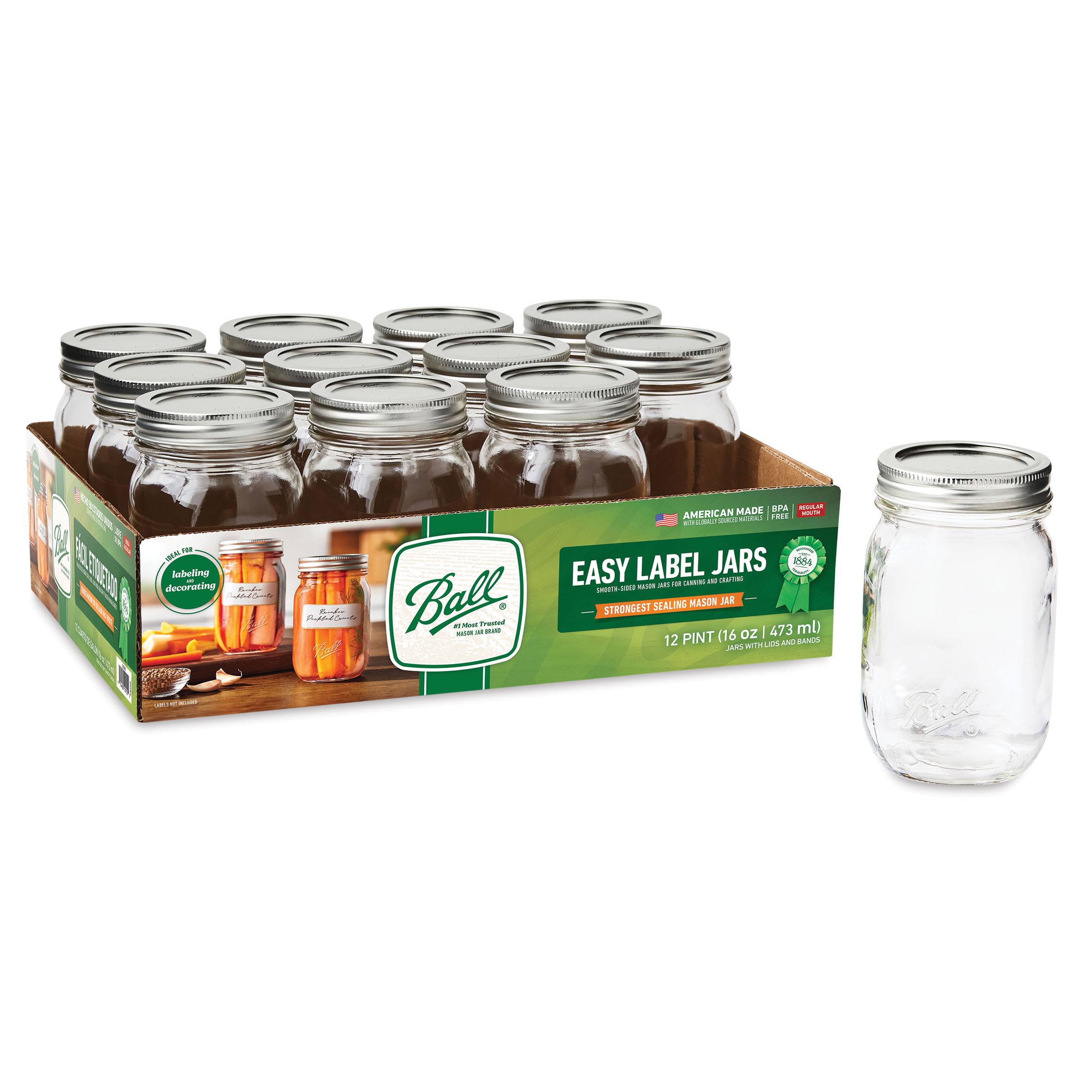 Ball Easy Label Glass Mason Jars, Regular Mouth, Quart Size (32 oz), Pack of 4
