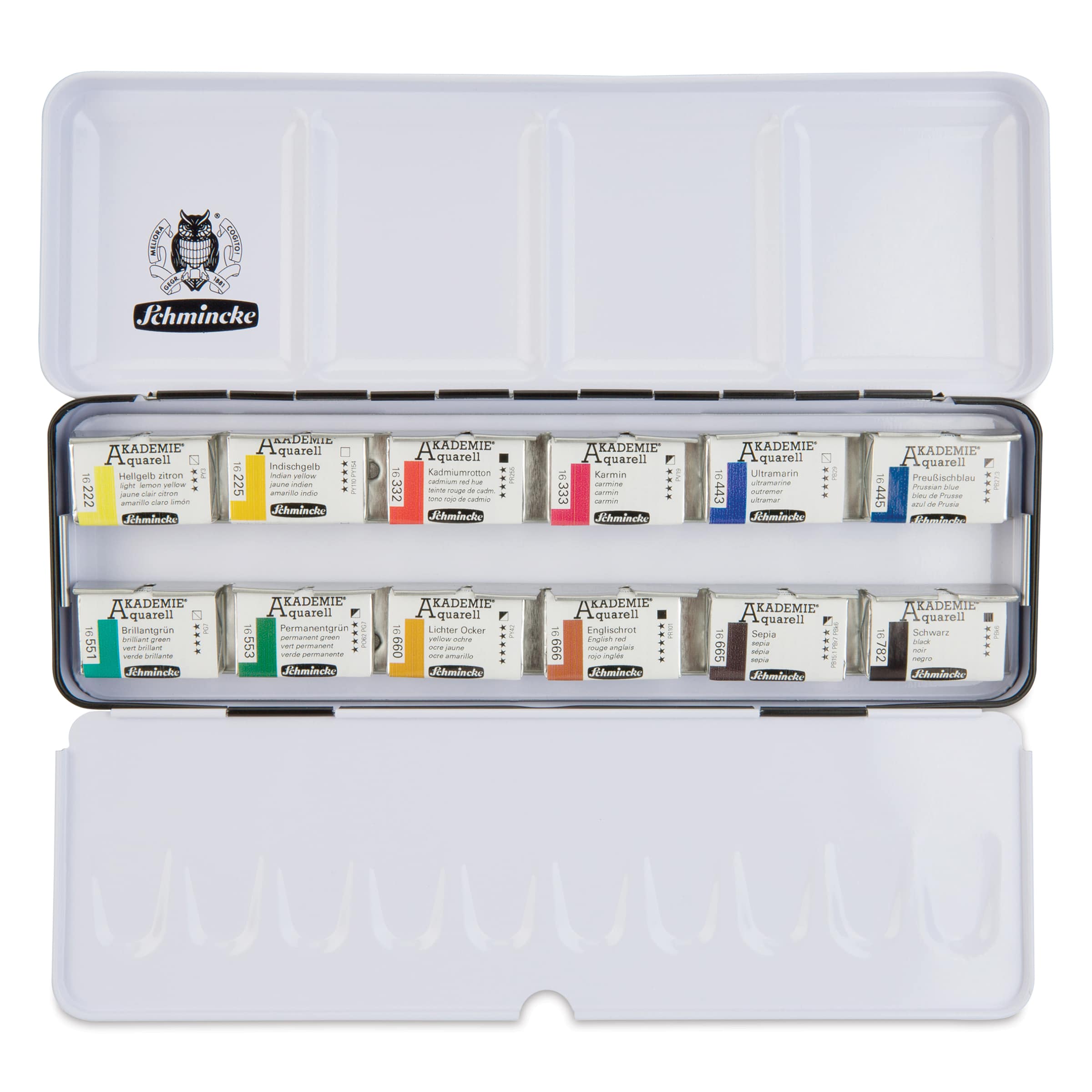 Schmincke Akademie Aquarell Watercolor Pans - Set of 12, Metal Case, Full Pans