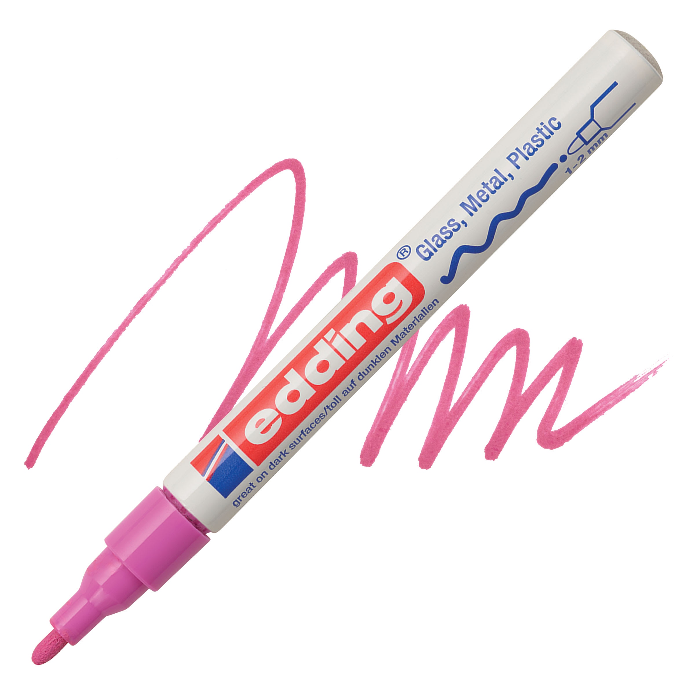 Edding Gloss Paint Marker - Pink, Round Nib, 1-2 mm, swatch and marker