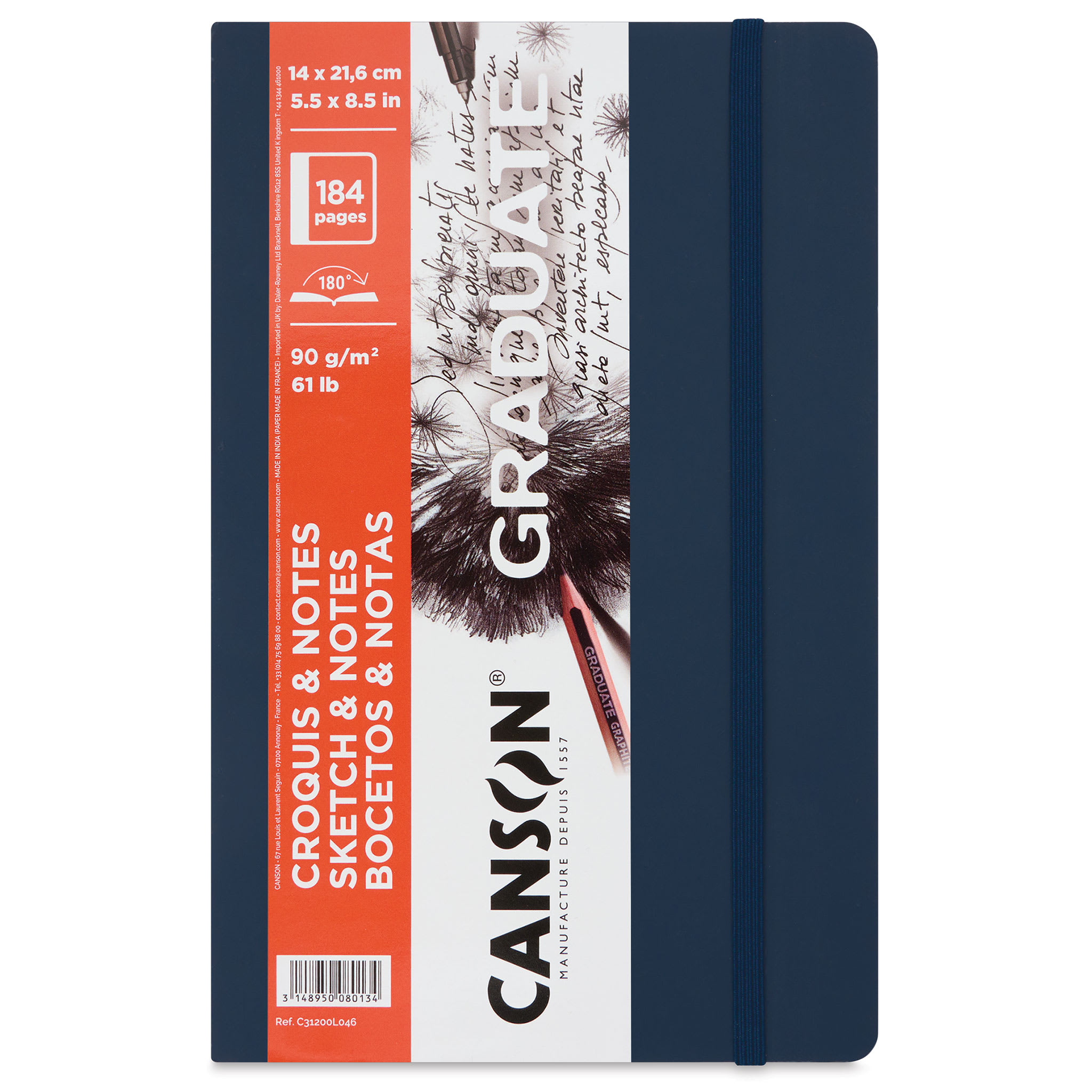 Canson Graduate Sketch and Note Softcover Book - Dark Blue, 5-1/2" x 8-1/2", 92 Sheets