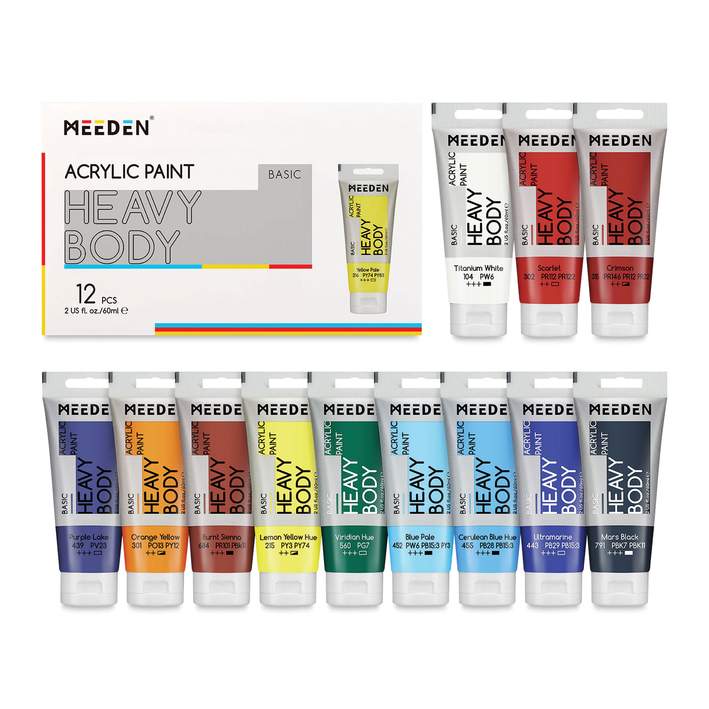 Meeden Heavy Body Acrylic Paints- Set of 12, Basic Colors, 60 ml tubes