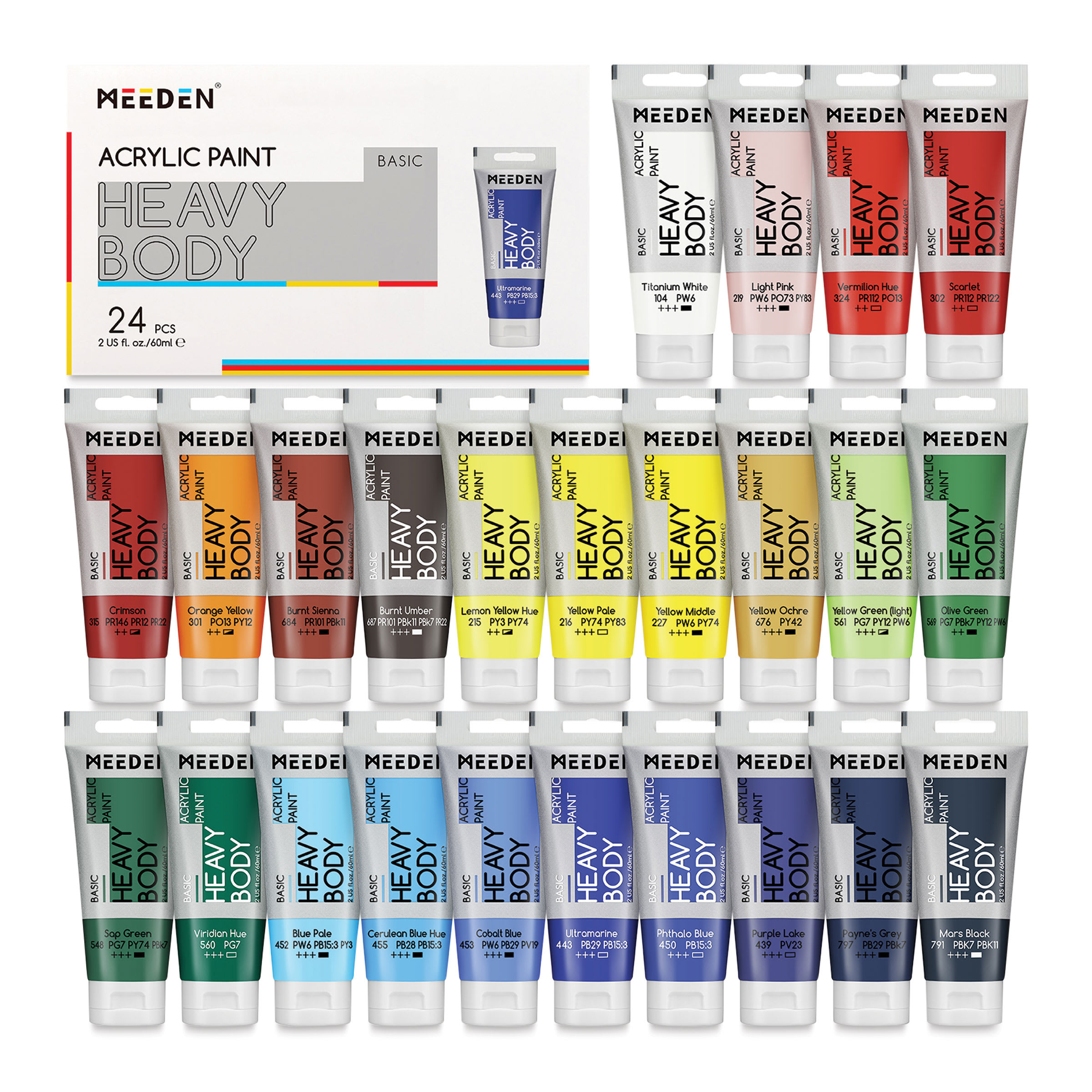 Meeden Heavy Body Acrylic Paints- Set of 24, Basic Colors, 60 ml tubes