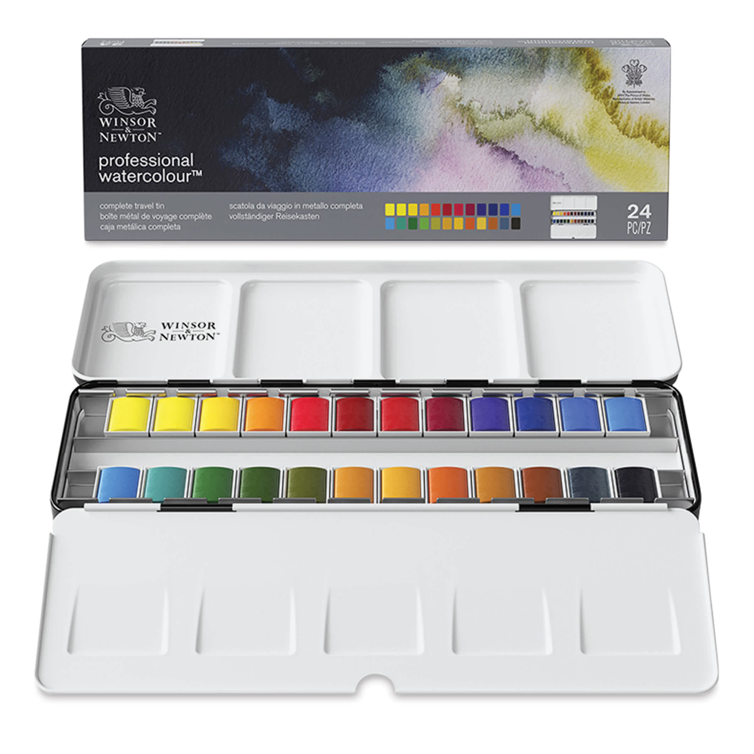 Winsor & Newton Professional Watercolor - Set of 24 Complete Travel Tin, Assorted, Half Pans