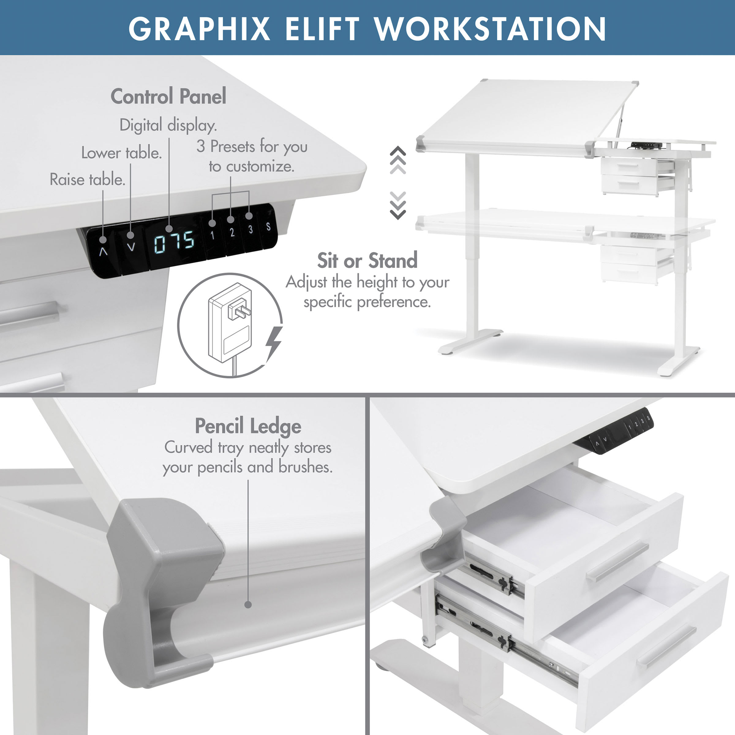 Studio Designs Graphix E-Lift Workstation with Drawers