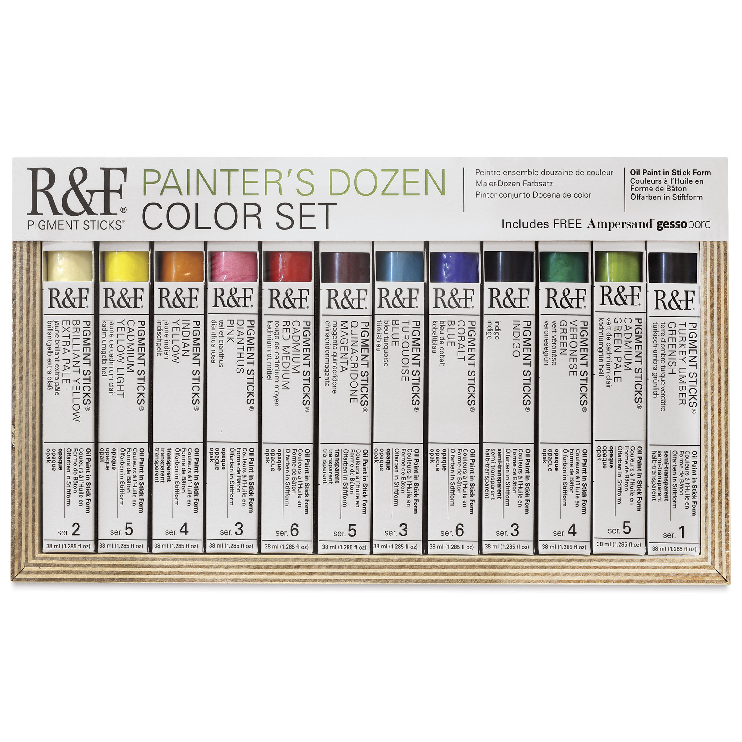 R&F Pigment Sticks - Set of 12 with Gessobord, Painter's Dozen, 38 ml