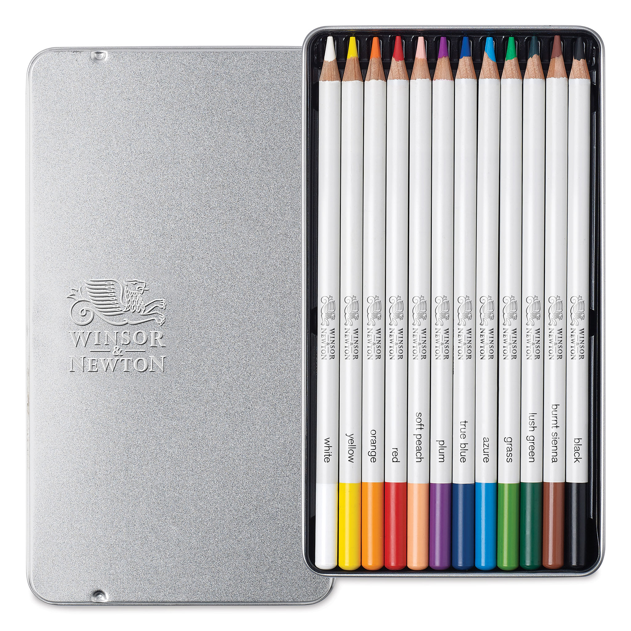 Winsor & Newton Studio Collection Watercolor Pencils - Set of 12, pencils shown inside tin case