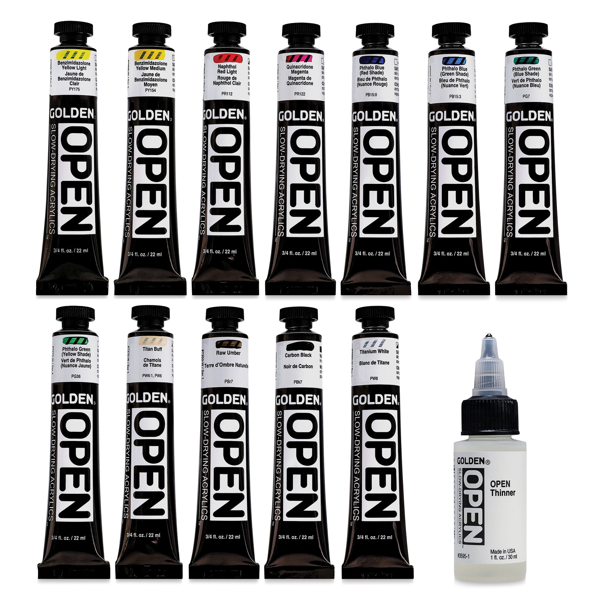 Golden Open Acrylics - Mixing Colors, Set of 12 with Thinner, 22 ml set contents