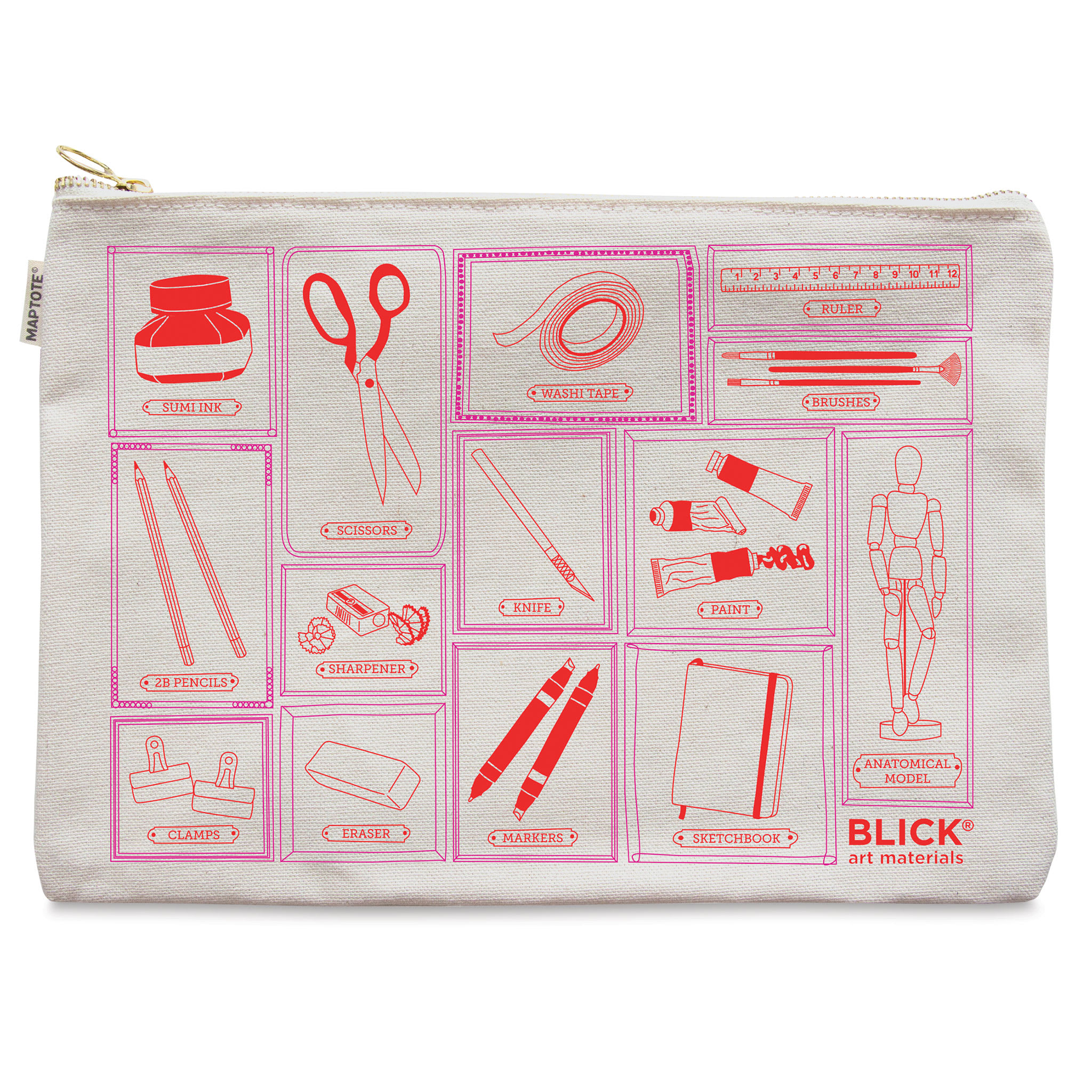Blick Flat Zip Pouch by Maptote - Red and Pink (front of pouch)