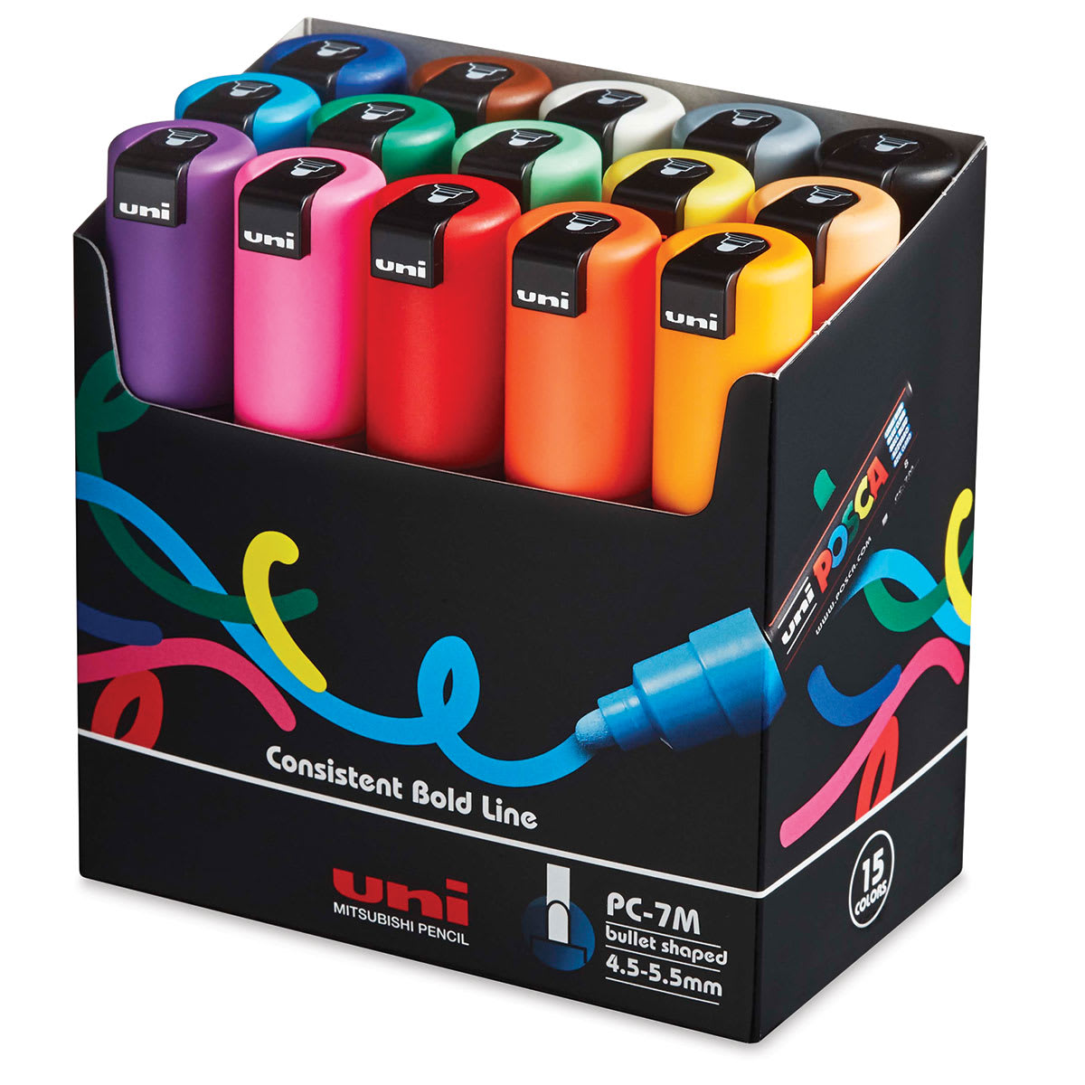 Uni Posca Paint Markers - Set of 15, Assorted Colors, Broad Bullet Tip, 7 mm