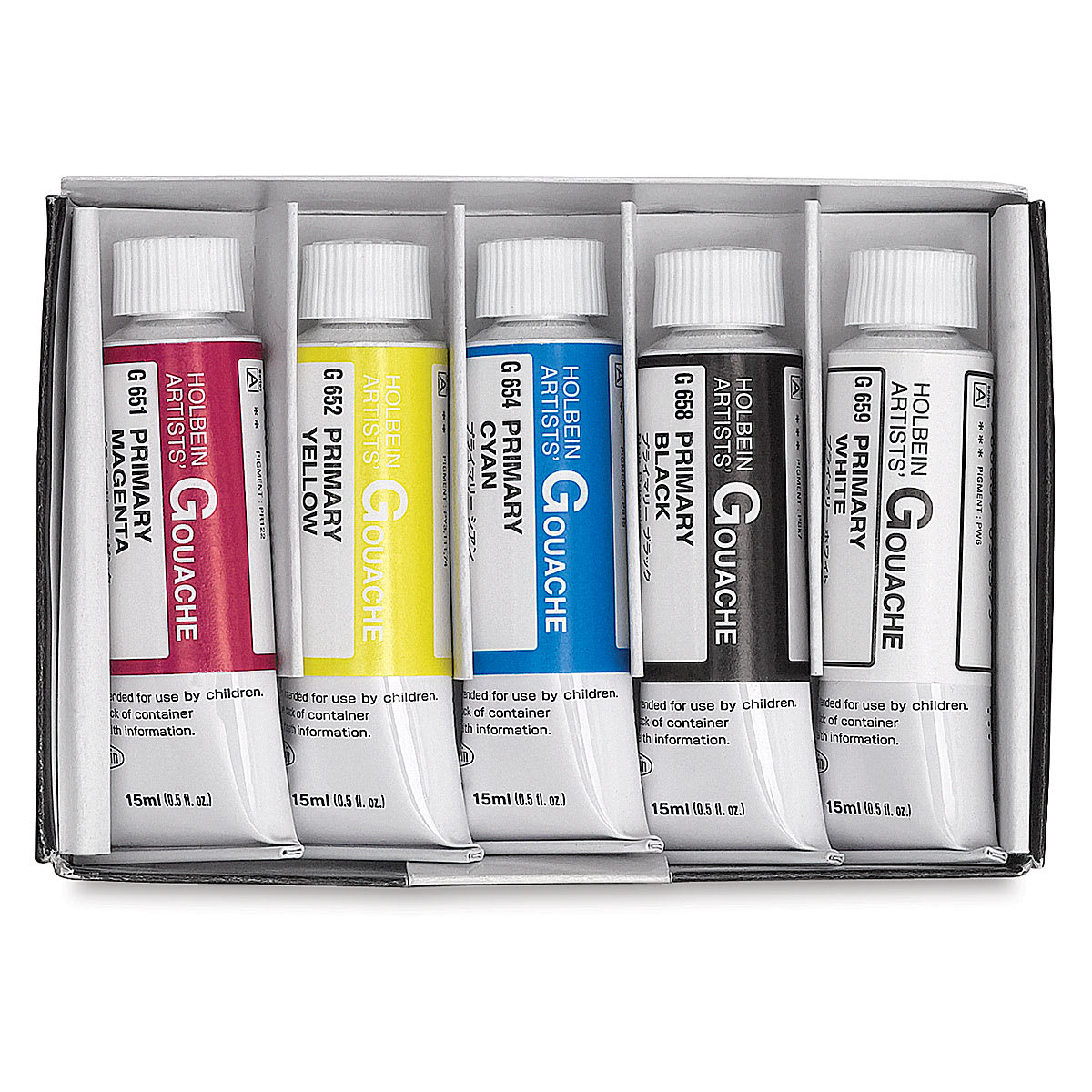 Holbein Artists' Gouache - Set of 5, Artists' Primary Colors, 15 ml Tubes