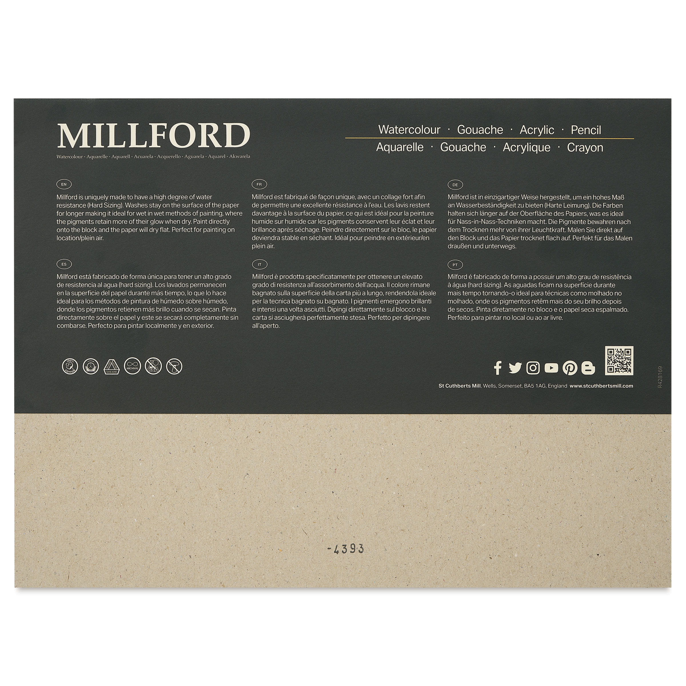 ST CUTHBERTS MILL - Saunders Waterford – block 20 sheets 41 x 31 4 sides glued – 300 g/m² – fine grain, extra white