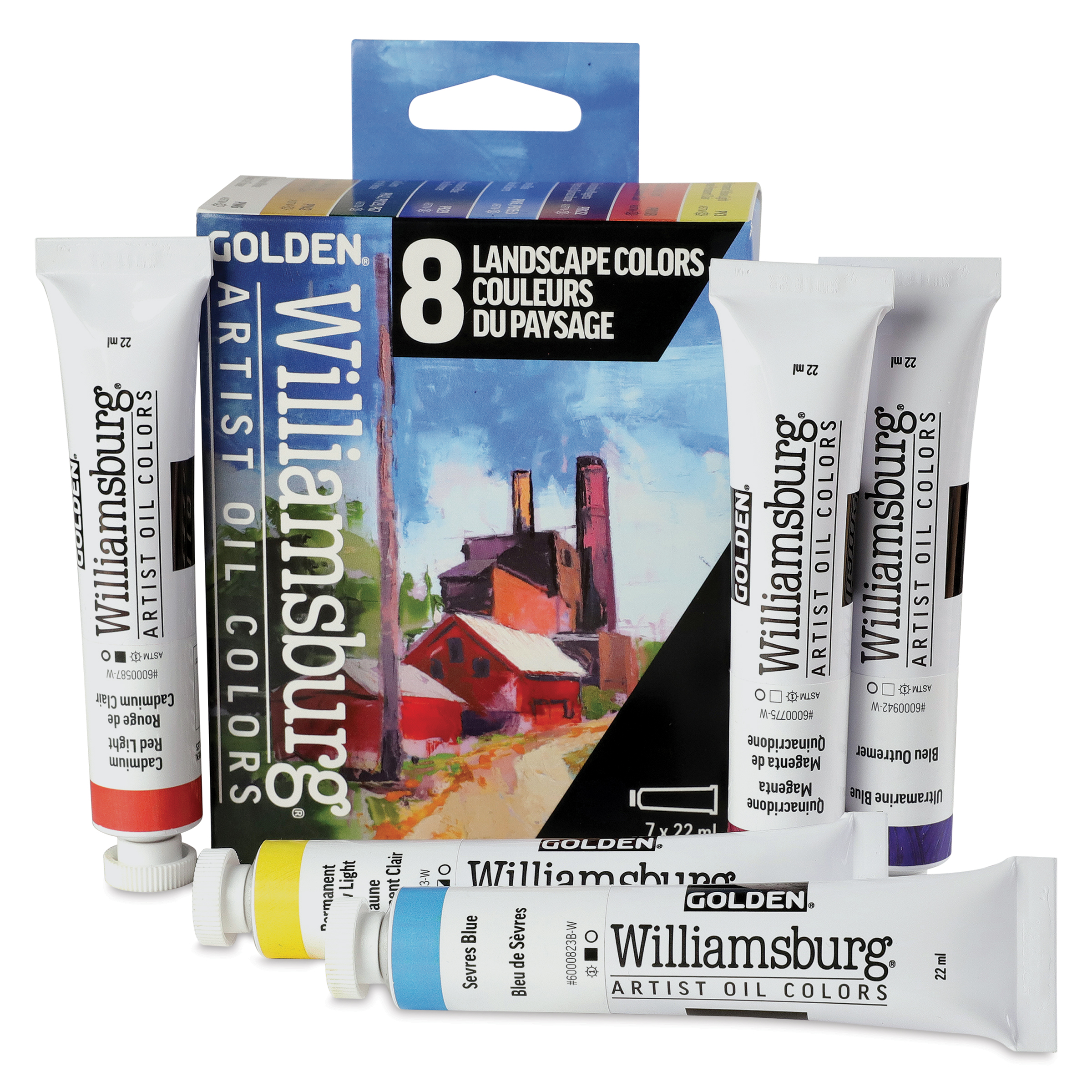 Williamsburg Handmade Oil Paints - Set of 8, Landscape, 22 ml Tubes, contents and packaging